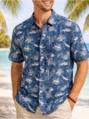 Guy Harvey Blue Short-Sleeve Marine Print Button-Down Shirt XL